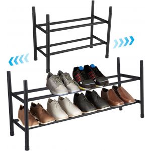 Kgabery-Meuble Chaussure 2 Niveaux,Étagère Chaussures Extensible 44-82cm,Range Chaussures En Acier Inoxydable,Porte Chaussures Stable En Noir,Rangement Chaussures Gain De Place Pour Petits Espaces - Neuf