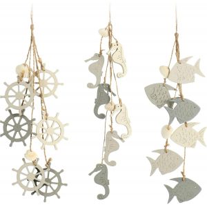 Sjzg-&reg; 3x D&eacute;coration &Agrave; Suspendre Maritime - D&eacute;coration &Agrave; Suspendre - Volant, Poisson Et Hippocampe Avec Coquillage - D&eacute;coration &Agrave; Suspendre En Bois (3 Pi&egrave;ces - Gris/Blanc) - Neuf