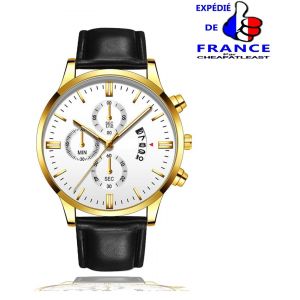 Chic & &Eacute;l&eacute;gante Montre Dateur Classique Style Chrono Luxe Pour Homme - Date - Grand Boitier M&eacute;tal Noir / Gun / Chrom&eacute; / Or 42 Mm - Bracelet Simili Cuir Noir / Marron - Neuf
