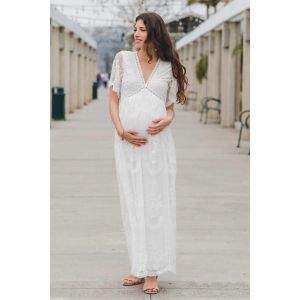 Robe Longue Blanche Transparente En Dentelle Pour Femmes Enceintes, Col En V, Manches Longues, Fente Sur Le Devant, Pour Photographie - Neuf