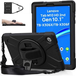 Loc-Coque Tablette Lenovo Tab M10 Hd (2e Gén) 10,1"" (Tb-X306x/Tb-X306f), Étui Antichoc Avec Support Rotatif, Dragonne Et Bandoulière Réglable, Étui Protection Lenovo Tab M10 Hd 10.1 2e Gen, Noir - Neuf