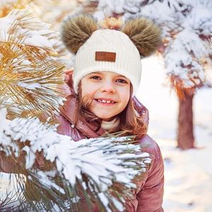 Les Enfants De L'hiver Au Chaud Chapeau Bonnet Écharpe Gants Blancs Thermique Tricot Crochet Épais Moelleux Bambin Écharpe Double Pom Pom Chapeau Bobble Avec Fausse Fourrure - Neuf