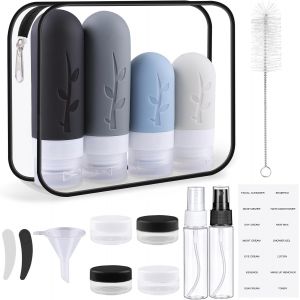 KALANKA-Flacons Voyage Silicone, 16 Pièces Accessoires de Voyage, Kit Complet de Récipients pour Shampoing, Lotion et Cosmétiques, Avion Cabine (Noir) - Neuf