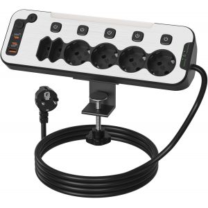 Multiprise de Bureau avec USB C, PD20W Prise Multiple avec Interrupteur Individuel, 6 Prises D'Angle Bloc Prise Parafoudre avec Support de Table Amovible, Rallonge Câble 2m, Noir - Neuf