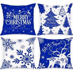 Cauc-Lot De 4 Blanc Et Bleu Housse De Coussin Noel 45x45 Cm, Taie D'oreiller Hiver Flocon De Neige Parure De Oreiller De Décoration De Lit Noel Deco Pour Chambres Canapé Noël Decoration(Bleu Foncé) - Neuf