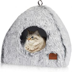 Lit Pour Chat De Qualité Supérieure - Abri Chaud Pour Chat Avec Oreiller Doux Amovible Et Lavable (40 X 40 X 37 Cm) - Lit Confortable En Forme De Pyramide-Gris - Neuf