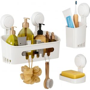 Support Douche Ventouse et Porte Savon et Porte Savon &agrave; dents Lot Pas de Per&ccedil;age Support Salle de bain Ventouse en Amovible Panier de Douche Aspiration &Eacute;tanche Organisateur de Rangement - Neuf