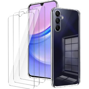Coque transparente souple TPU pour Samsung Galaxy A15 (4G/5G) 6,5 pouces avec 3 protections écran verre trempé 9H - anti-traces, bords surélevés, montage facile - Neuf