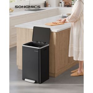 Poubelle de Cuisine 50 L, avec 15 Sacs Poubelle, en Acier, Seau Int&eacute;rieur Amovible en Plastique, avec Couvercle, Poign&eacute;es, Fermeture en Douceur, Noir d'Encre - Neuf