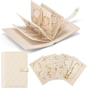 Trousse &agrave; Bijoux de Voyage, Sac Rangement de Bijoux avec 5 Pochettes en Velours pour Colliers Boucles Bagues, &Eacute;tui Bo&icirc;te Organisateur de D'oreilles pour Femmes Filles, Blanc Cr&egrave;me - Neuf