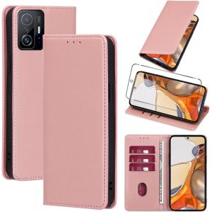 Kalanka-Coque Cuir Pour Xiaomi 11t/Xiaomi 11t Pro 5g Avec 1 Verre Tremp&eacute; Etui &Agrave; Rabat En Pu Porte-Cartes Portefeuille Support Flip Housse Magn&eacute;tique Antichoc Anti-Rayures Case 6.67"",Rose-Gold - Neuf