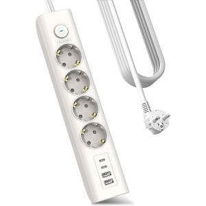 Multiprise 8 n 1 avec USB, 3680 W, avec interrupteur, multiprise 16 A avec 2 ports USB C, montage mural pour smartphones, ordinateurs portables, iPAD, c&acirc;ble d'extension 1,8 m - Neuf