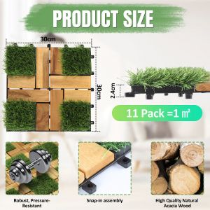 Lot De 33 Dalles De Terrasse En Bois Avec Gazon Synth&eacute;tique 3 M&sup2; 30 X 30 Cm, Dalles De Jardin Clipsables - Neuf