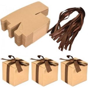 50 Pièces Boites à Dragées en Papier Kraft, Boîte à Bonbons en Papier, Coffret Cadeau avec Ruban, Carré Boîte De Papier Kraft à Bonbon pour Biscuits, Bonbons, Collations, Fêtes, Mariages (marron) - Neuf