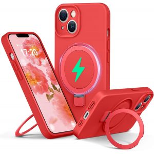 Maa-Liquid Silicone Coque Pour Iphone 13 With Magnetic Ring Stand, Upgraded Camera Protection Mil-Grade Drop Shockproof Soft Anti-Scratch Microfiber Lining Silicone Coque(Rouge) - Neuf