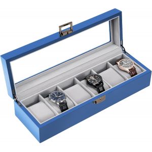 Kal-Boite À Montre En Bois Antichoc, Coffret Montre Homme Avec 6 Emplacements Coussins Montre, Rangement Montre Avec Couvercle En Verre, Pour Passionné D`Horlogerie -Bleu - Neuf