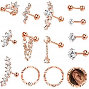 14pièces Lot Boucles D'oreilles Clou Femme Homme Acier Inoxydable 16g Étoile Lune Serpent Vis Arrière Boucles D'oreilles Argent Hypoallergénique Tragus Cartilage Piercing Oreille.[X1444] - Neuf