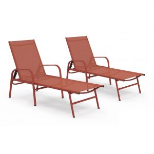Lot De 2 Transats De Jardin Inclinables Fidji En Acier Et Toile Terracotta - Neuf