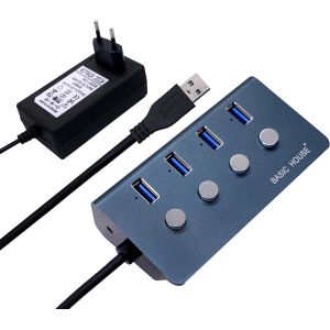 KAL-Hub Usb 3.0 Avec 4 Ports, Coque En Aluminium Avec Bloc D'Alimentation Avec Interrupteur Marche/Arrêt Individuel, Transfert De Données Haute Vitesse 5 V/2 A, Hub Usb, Répartiteur Usb. - Neuf