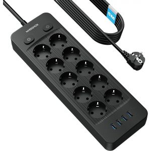 Multiprise Electrique (16A/4000W), Multiprise 10 Prises avec 4 Ports USB, Bloc Multiprise Parafoudre et Surtension avec Interrupteur, C&acirc;ble 5Mpour Maison Bureau,Noir - Neuf