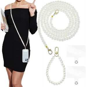 KAL-Lot De 2 Cordon Telephone Portable, Avec Perles Mains Libres Anti Perte Amovible Avec 2 Coussinets D'Attache Pour Appareil Photo Et Sac &Agrave; Bandouli&egrave;re, Blanc, 129Cm/50.78In - Neuf