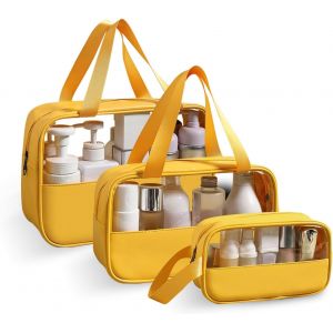 KALANKA-3 Pièces Trousse De Toilette Transparente,Trousse De Toilette Femme, Trousse De Toilette Homme, Grande Trousse De Toilette,Imperméable Trousse De Toilette Voyage (Jaune) - Neuf