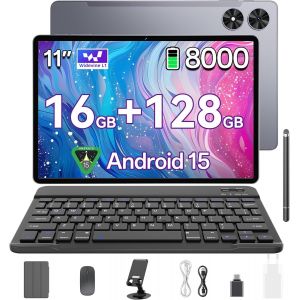 KALWS-Tablette 11 Pouces,Android 15 Avec Clavier,Stylet,Souris Et Housse-16 Go Ram+128 Go Rom-T606 Octa-Core-Écran Hd 1280X800-8000 Mah-Widevine L1-13Mp+5Mp-Wifi 2,4G/5G-Gps - Neuf