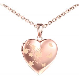 Collier Médaillon Coeur Avec Fleurs Et Papillons,Acier Inoxydable Pendentif Porte Photo Médaillon Pour 2 Photo Personnalisé Pendentif Avec Chaîne 50cm Bijoux Pour Femme Filles - Neuf