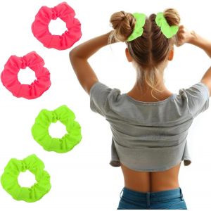 Lot De 4 Chouchous En Soie Rose Fluo - Pour Queue De Cheval - Pour Femme - Rose Et Vert - Neuf