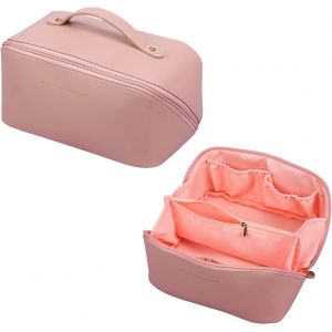 Trousse de maquillage grande capacité pour femme, trousse de toilette avec poignée, trousse de maquillage imperméable en PU, trousse de maquillage pour femme et homme (rose) - Neuf