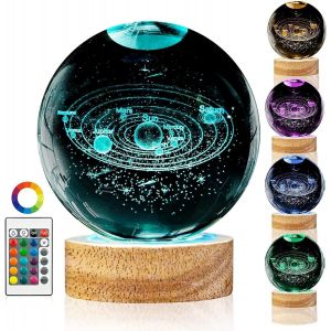 Veilleuse En Forme De Plan&egrave;te 3d En Forme De Boule De Cristal - Syst&egrave;me Solaire De 8 Cm - 16 Couleurs - Avec Base En Bois - Boule &Agrave; Neige En Verre Grav&eacute;e Au Laser - Cadeau Pour Femmes, Enfants, Amis - Neuf