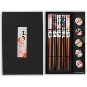 Mevronisshop-5 Paires Baguette Japonaise Bois, Baguettes Antidérapantes Réutilisables Elégante Ensemble De Baguettes Vaisselle Japonaise Baguette Pour Sushi, Ensemble De Baguettes Avec 5 Repose Bague - Neuf