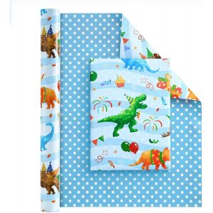 Rouleau De Papier Cadeau Réversible Motif Dinosaure - 1 Rouleau 43 Cm X 10 M Papier Cadeau D'anniversaire Pour Enfants Papier Cadeau Dinosaure Aquarelle Rouleau Simple - Neuf
