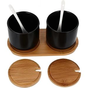 2 Pcs 230ml Céramique Sucrier Rond Seasoning,Pot Gros Sel,Pot A Epices,Boîte Avec Cuillère Et Couverture De Bambou¿Noir - Neuf