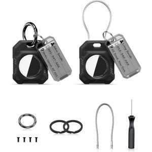 MEVRONISSHOP-tui Coques de Protection S&eacute;curis&eacute;es 2-en-1 pour AirTag avec C&acirc;ble M&eacute;tallique, Anneau porte-cl&eacute;s, et &Eacute;tiquette Cl&eacute; pour Porte-cl&eacute;s, Collier de Chien, Valise, Sac &agrave; Dos et Plus (Noir x 2) - Neuf