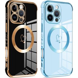 Eryi-Coque Magnétique Pour Iphone 16 Pro Max, Compatible Avec Magsafe, Silicone Antichoc Housse, Étui Avec Motif Coeur Et Bordure Dorée Pour Iphone 16 Pro Max 6.9"", 2 Packs Noir Et Bleu - Neuf
