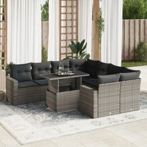 Salon De Jardin 9 Pcs Avec Coussins Gris Résine Tressée - Neuf