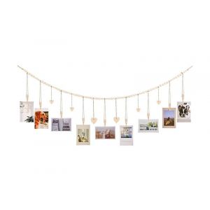 Pr&eacute;sentoir photo suspendu avec 9 pinces et perles en bois, 138 cm, d&eacute;cor en bois et corde de jute - Neuf