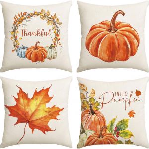 CAUC-Lot de 4 housses de coussin d'automne, 50 x 50 cm, motif citrouilles, pour ext&eacute;rieur, ferme, Thanksgiving, Halloween, d&eacute;coration de salon - Neuf