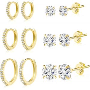 Tianyi-Ensemble Combin&eacute; De Boucles D'oreilles Et De Clous En Argent Sterling Pour Femme, Cr&eacute;oles &Eacute;paisses Brillantes En Or 14 Carats Et Petits Clous Pour Plusieurs Piercings (6 Paires) - Neuf