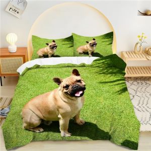 Housse De Couette X L'herbe Verte, Bulldog Anglais Parure De Lit Personnes Microfibre Doux Respiran Housse Couette Avec Fermeture &iquest;&iquest;Clair, Ensemble De Literie Avec Taie D'oreiller - Neuf