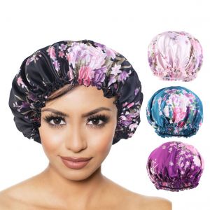 Bonnet de nuit rond &eacute;lastique &agrave; imprim&eacute; floral (noir) avec bandeau &eacute;lastique pour une nuit de sommeil paisible - Neuf