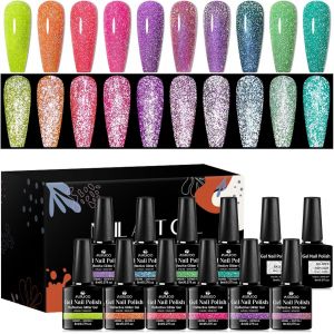 Sjzg-Lot De 12 Vernis &Agrave; Ongles Uv - 10 Couleurs - Paillettes - R&eacute;fl&eacute;chissant - Rose Violet Vert - Gel Pour Nail Art - Manucure &Agrave; La Maison - 8 Ml - Neuf