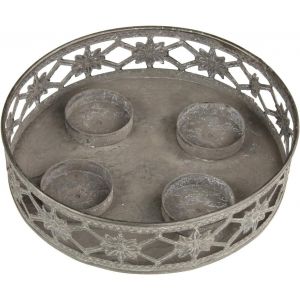 Assiette &Agrave; Bougie Macosa - Gris - Aspect Vieilli - Motif Filigrane - Rond - En M&eacute;tal - Vintage - D&eacute;coration De Table - Bougeoir - Neuf