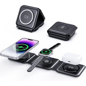 THEF-Station de Charge sans Fil 3 en 1 Mag-Safe avec Adaptateur Secteur 18 W Compatible avec iPhone 15/14/13/12 Pro Max Plus, Station de Charge de Voyage Pliable pour Apple Watch et Air Pods - Neuf