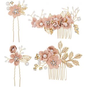 Kal-4 Pièces D'or Perle Bijoux De Cheveux Mariage Sec Fleurs Dirndl Pour Les Filles Femmes,Vieux Rose Fleur Strass Cristal Peigne Épingles Mariée Pinces À Cheveux Pour La Mariée Demoiselle D'honneur - Neuf