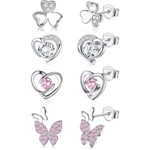 Kal-Paires Boucles D'oreilles Argent Pour Femmes Enfant Fille Hypoallerg&eacute;niques Argent Sterling 925 Poteau Clous D'oreilles Coeur Papillon Violet/Rose Ensemble Clous D'oreilles Cartilage - Neuf