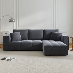 Canap&eacute; d'angle convertible 4 places avec coffre en velours gris anthracite BRIGHTON - Neuf