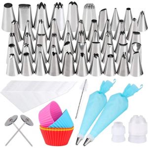 KAL-Douilles Poche, 72 Pièces En Acier Inoxydable Diy Kits (50 Douilles, 10 Poches À Douilles Jetables, 2 Poche Pâtisserie, 2 Fleurs Clous, 2 Coupleurs, Brosse, 5 Cupcakes Moule) - Neuf
