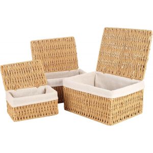 Jexnovashop-Lot De 3 Panier Rangement Avec Couvercles, Panier Osier Empilable, Panier Rangement Salle De Bain Paniers Pour Etag&egrave;res Corbeille Rangement Pour Salle De Bain, Salon, Cuisine - Neuf